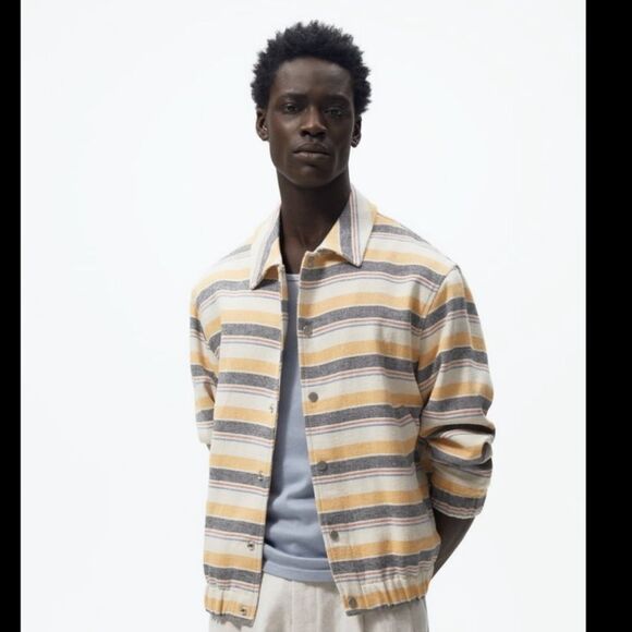 Zara Men’s Striped Beige Yellow Multicolored Structured Button Up Jacket Sz XL - Picture 2 of 15